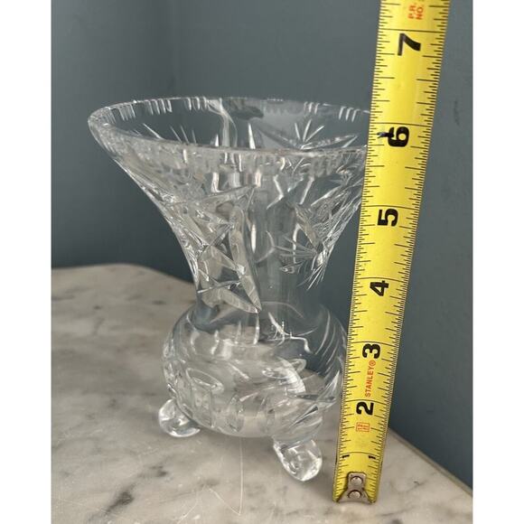 Vintage Bohemian Heavy Hand Cut 3 Footed Crystal Vase 5.75”H Clear Gift Feet - Picture 11 of 16